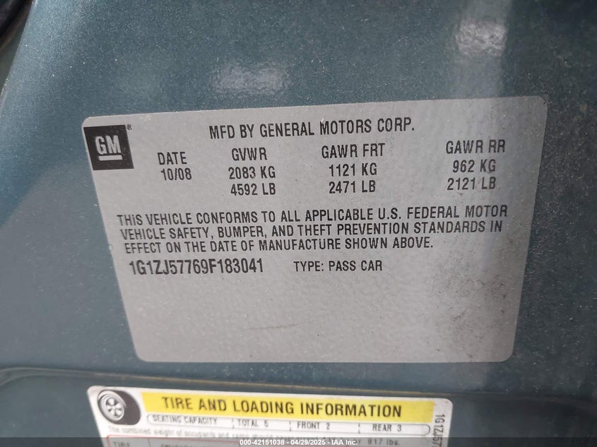 2009 CHEVROLET MALIBU VIN: 1G1ZJ57769F183041