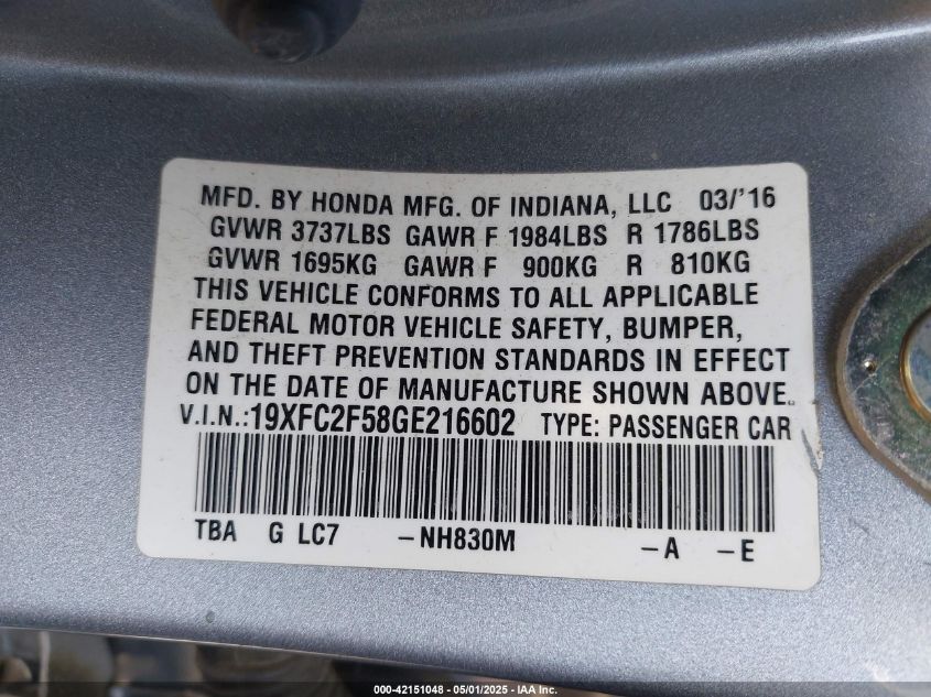 2016 Honda Civic Lx VIN: 19XFC2F58GE216602 Lot: 42151048