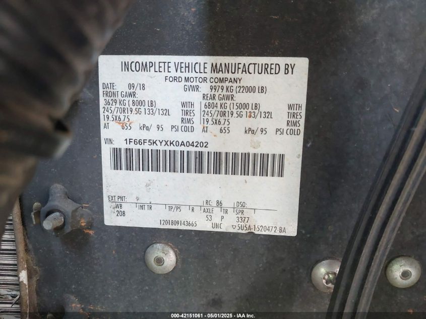 2019 Ford F-59 Commercial Stripped VIN: 1F66F5KYXK0A04202 Lot: 42151061