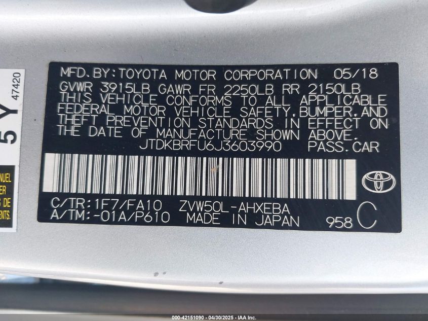 2018 Toyota Prius Two VIN: JTDKBRFU6J3603990 Lot: 42151090