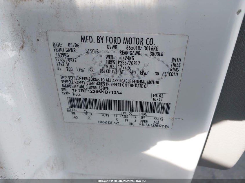 2006 FORD F-150 VIN: 1FTRF12266NB71034
