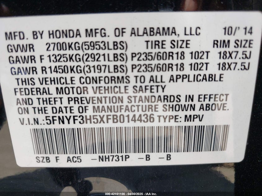 2015 HONDA PILOT VIN: 5FNYF3H5XFB014436