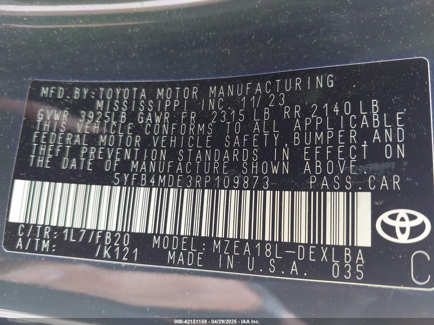 2024 TOYOTA COROLLA VIN: 5YFB4MDE3RP109873