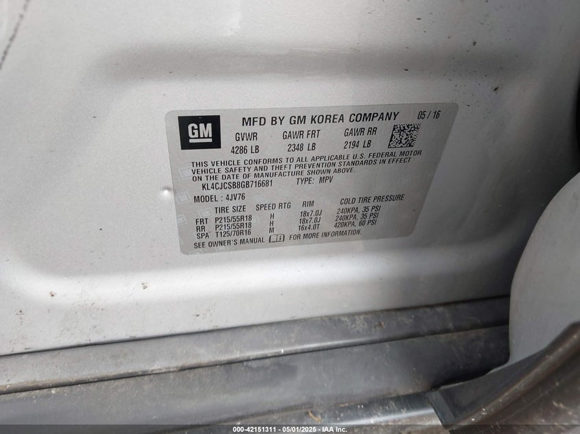 2016 BUICK ENCORE VIN: KL4CJCSB8GB716681