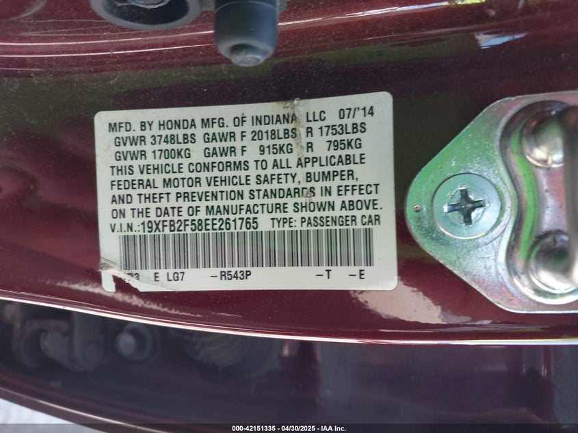 2014 HONDA CIVIC VIN: 19XFB2F58EE261765