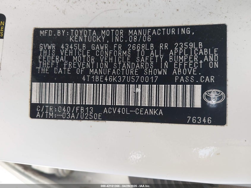2007 TOYOTA CAMRY VIN: 4T1BE46K37U570017