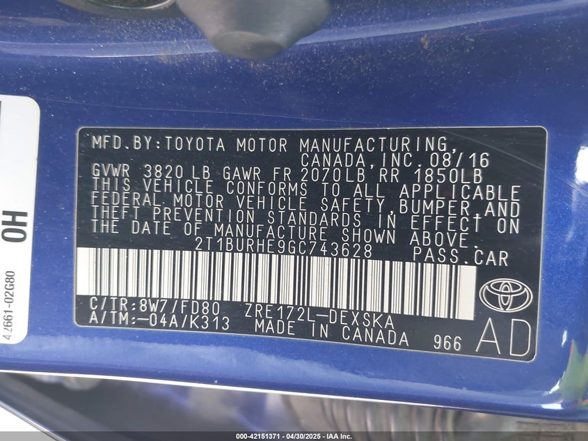 2016 TOYOTA COROLLA VIN: 2T1BURHE9GC743628