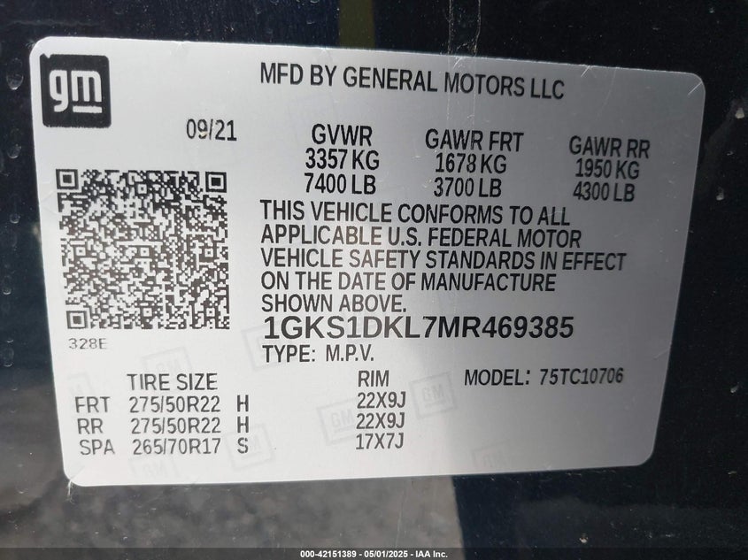 2021 GMC YUKON VIN: 1GKS1DKL7MR469385