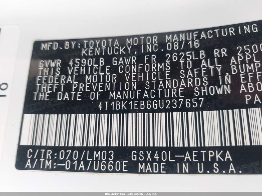 2016 TOYOTA AVALON VIN: 4T1BK1EB6GU237657