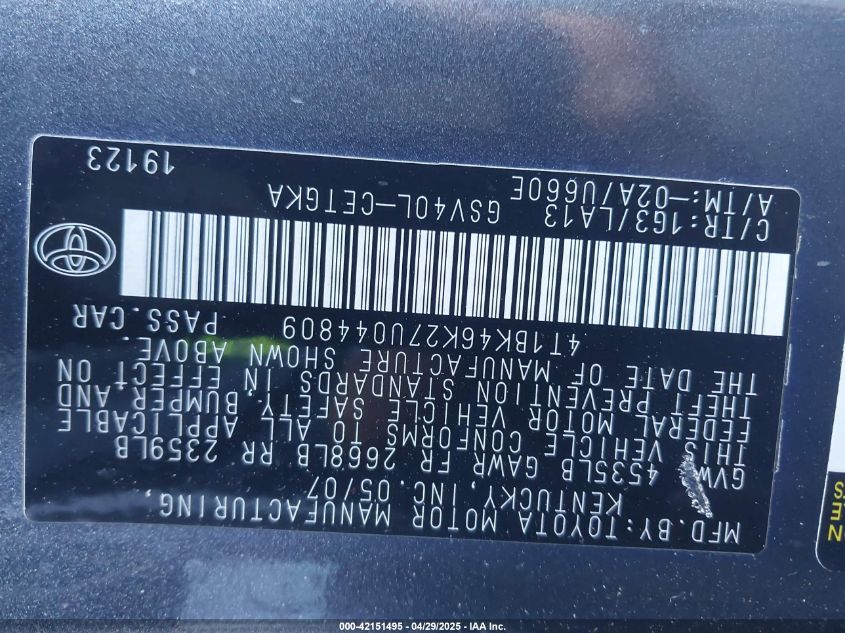 2007 Toyota Camry Xle V6 VIN: 4T1BK46K27U044809 Lot: 42151495