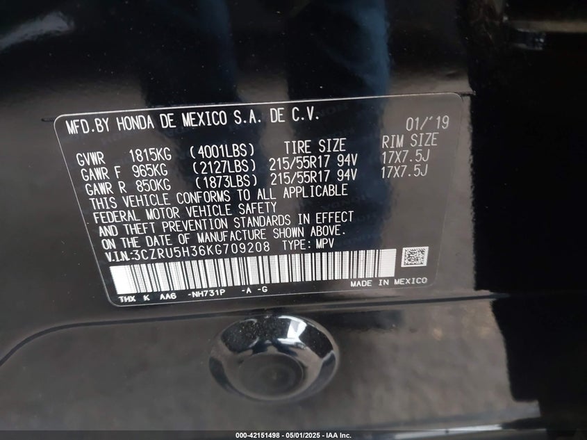 2019 HONDA HR-V LX - 3CZRU5H36KG709208