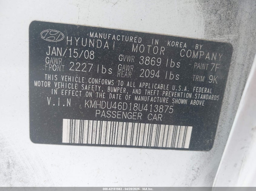2008 HYUNDAI ELANTRA VIN: KMHDU46D18U413875