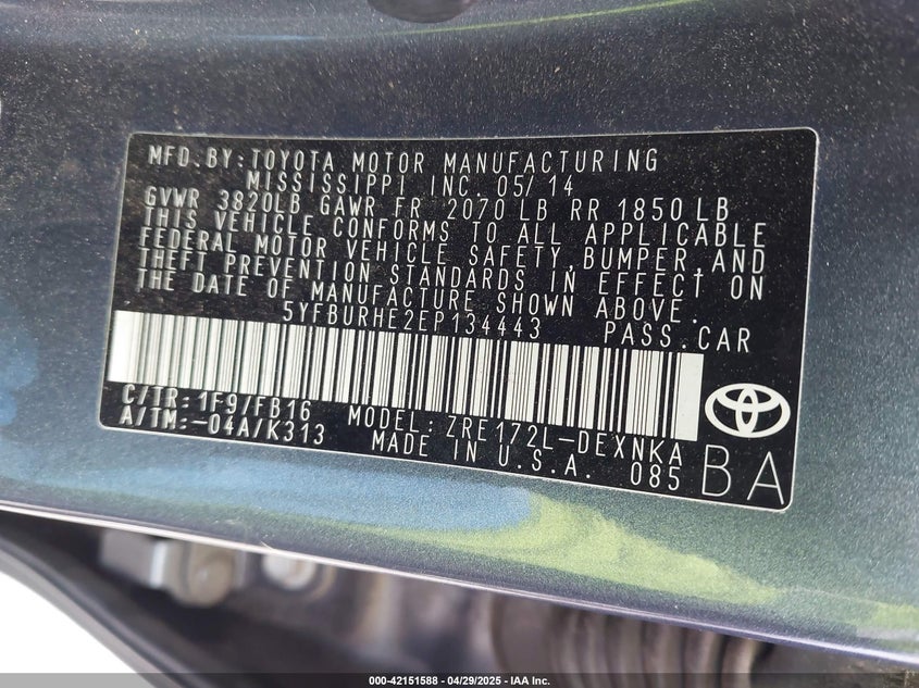 2014 TOYOTA COROLLA VIN: 5YFBURHE2EP134443