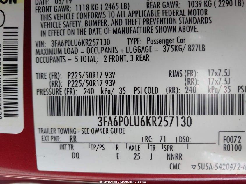 2019 FORD FUSION HYBRID VIN: 3FA6P0LU6KR257130