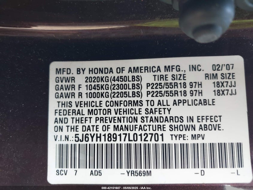 2007 HONDA ELEMENT VIN: 5J6YH18917L012701