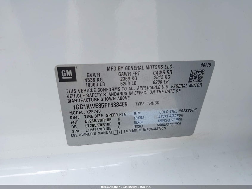 2015 CHEVROLET SILVERADO 2500HD VIN: 1GC1KWE85FF638489