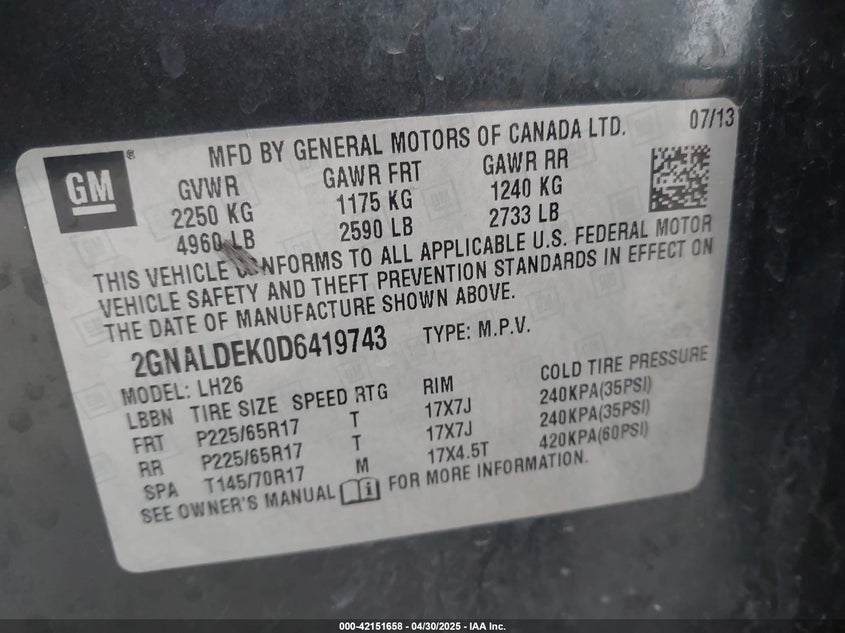 2013 CHEVROLET EQUINOX VIN: 2GNALDEK0D6419743