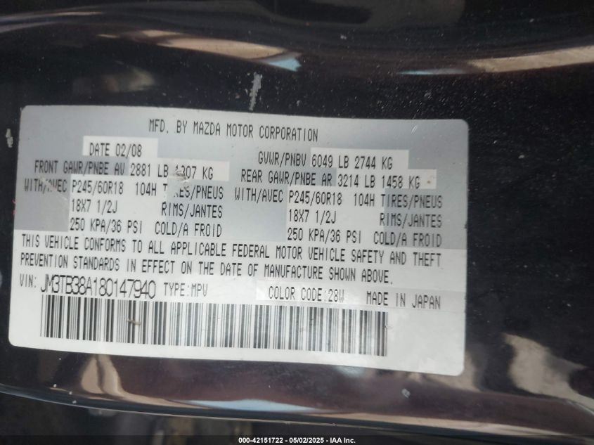 2008 Mazda Cx-9 Touring VIN: JM3TB38A180147940 Lot: 42151722