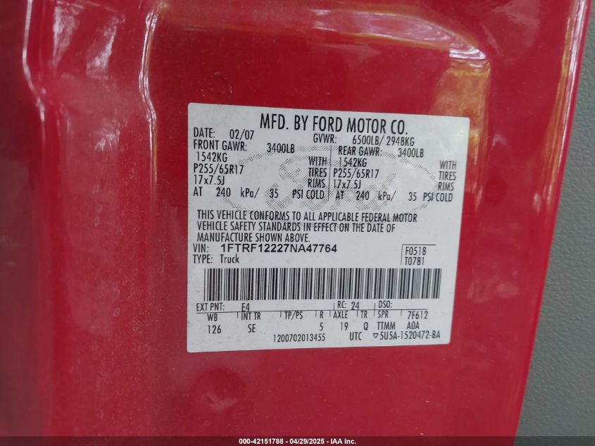 2007 Ford F-150 Stx/Xl/Xlt VIN: 1FTRF12227NA47764 Lot: 42151788