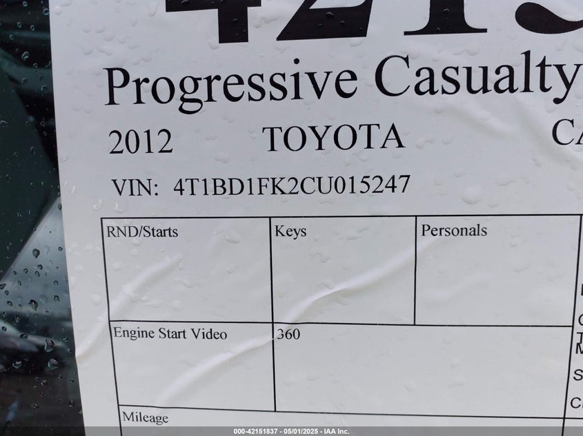 2012 TOYOTA CAMRY HYBRID VIN: 4T1BD1FK2CU015247