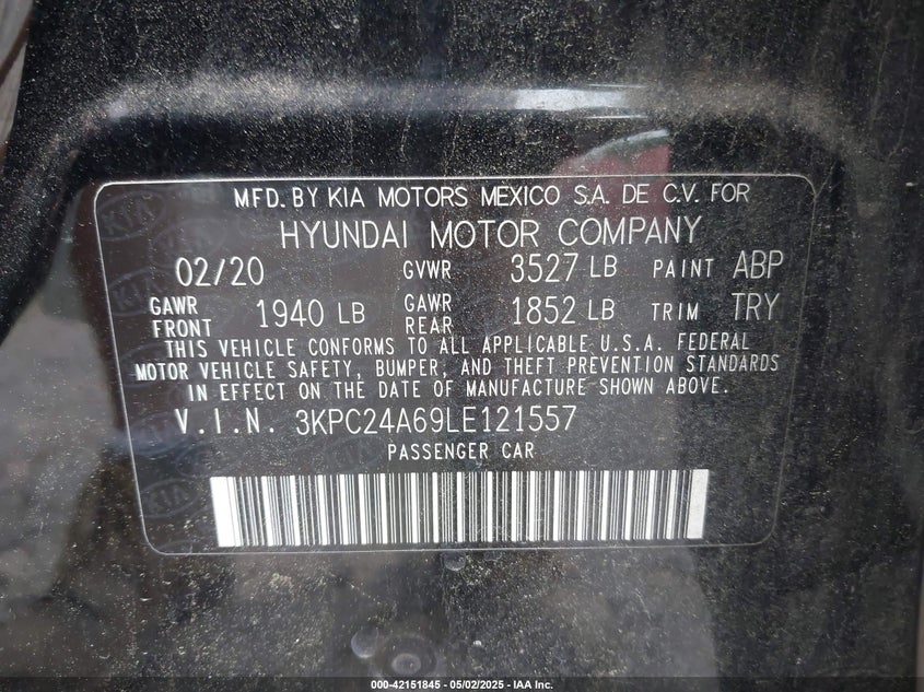 2020 Hyundai Accent 1.6 Se Black Lot 111042151845 Vin 3KPC24A69LE121557