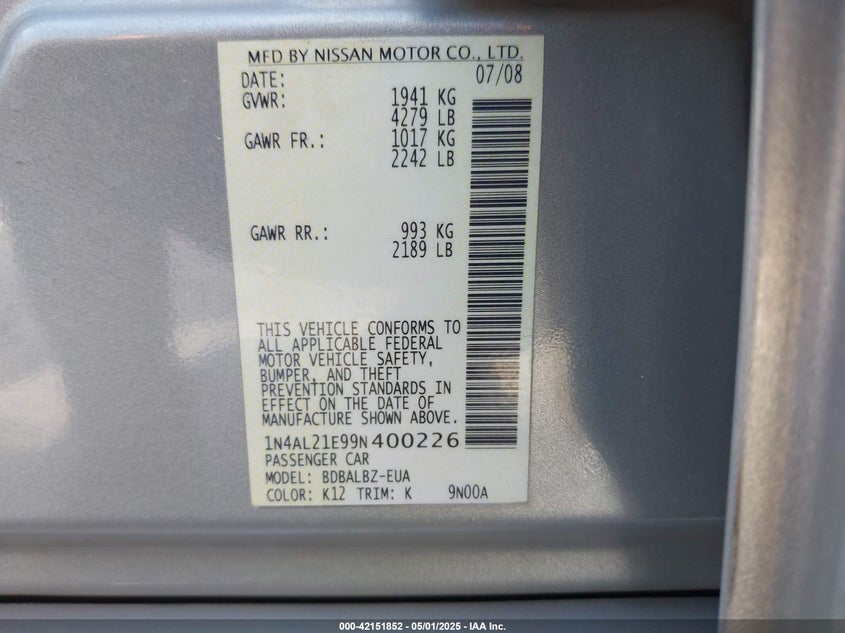 2009 NISSAN ALTIMA VIN: 1N4AL21E99N400226