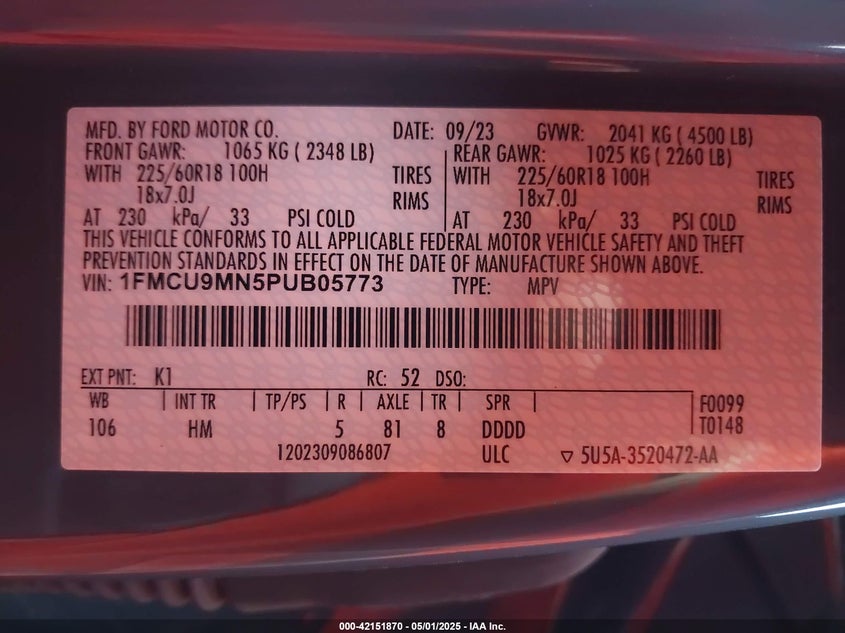 2023 FORD ESCAPE VIN: 1FMCU9MN5PUB05773