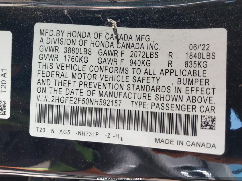 2022 HONDA CIVIC(VIN: 2HGFE2F50NH592157