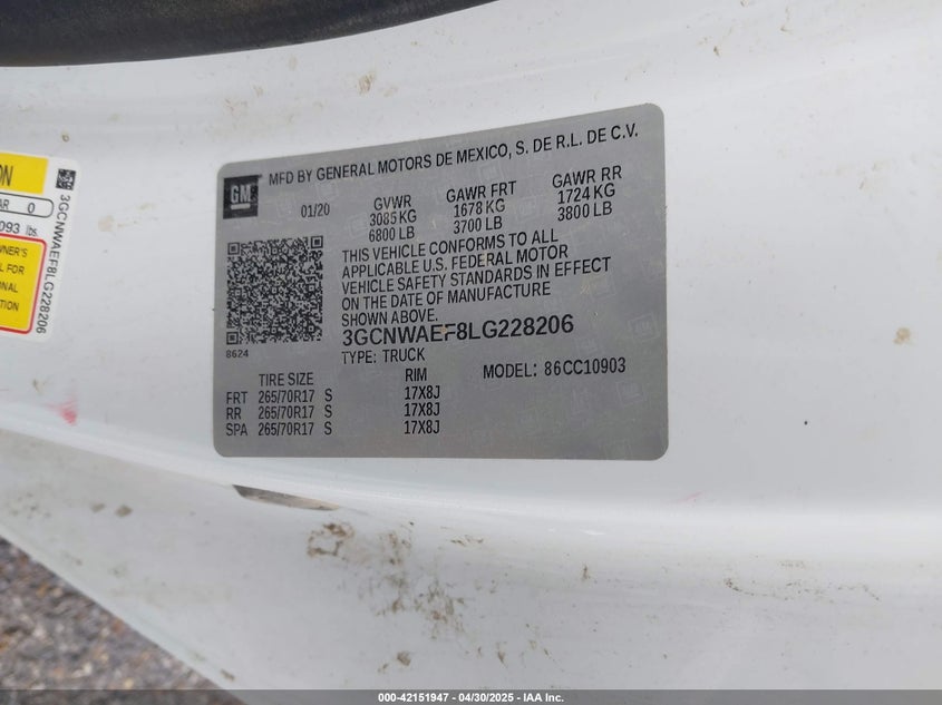 2020 CHEVROLET SILVERADO 1500 VIN: 3GCNWAEF8LG228206