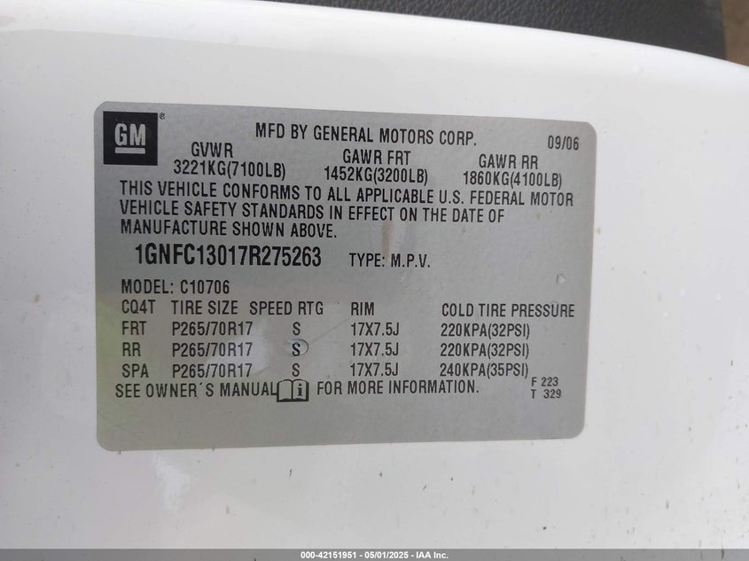 2007 CHEVROLET TAHOE VIN: 1GNFC13017R275263