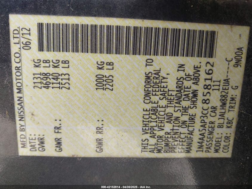 2012 Nissan Maxima 3.5 Sv VIN: 1N4AA5AP3CC858162 Lot: 42152014