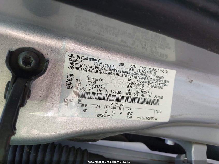 2012 FORD FOCUS VIN: 1FAHP3N23CL427255