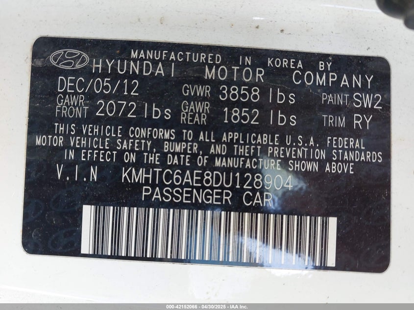 2013 HYUNDAI VELOSTER VIN: KMHTC6AE8DU128904