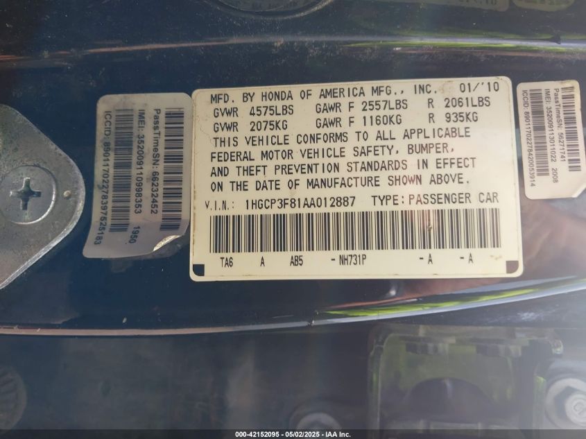 2010 Honda Accord 3.5 Ex-L VIN: 1HGCP3F81AA012887 Lot: 42152095