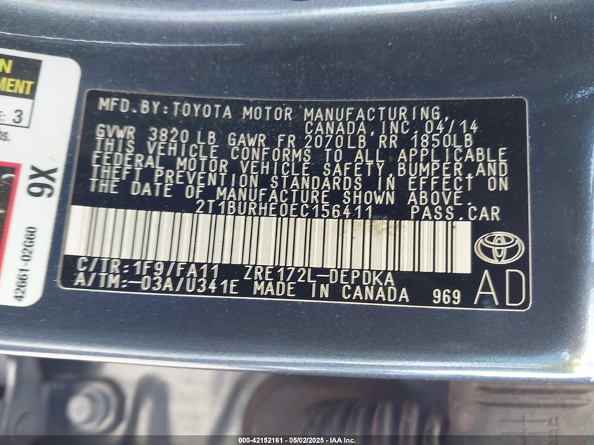 2014 TOYOTA COROLLA VIN: 2T1BURHE0EC156411
