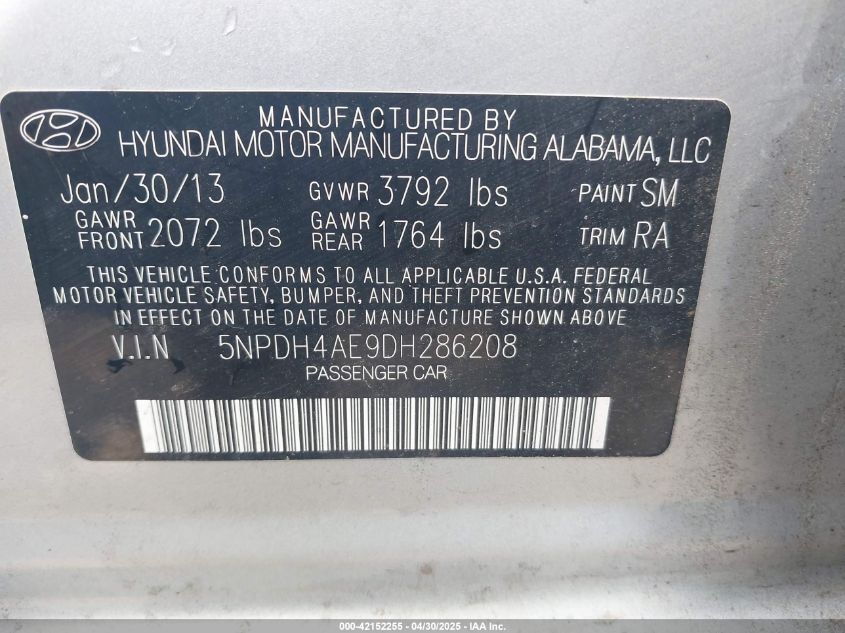 2013 Hyundai Elantra Gls VIN: 5NPDH4AE9DH286208 Lot: 42152255