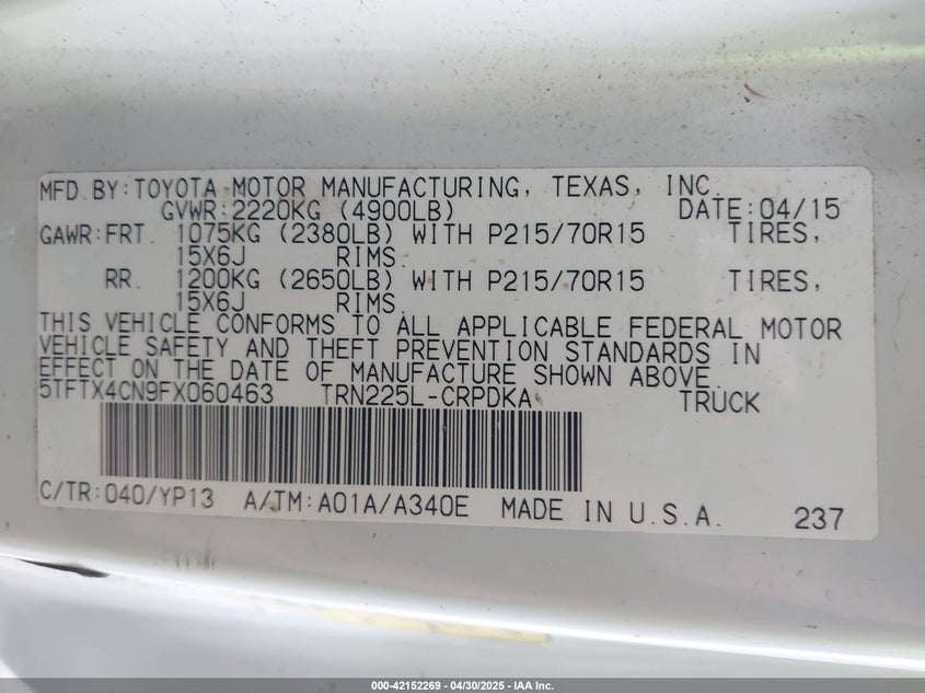 2015 TOYOTA TACOMA - 5TFTX4CN9FX060463