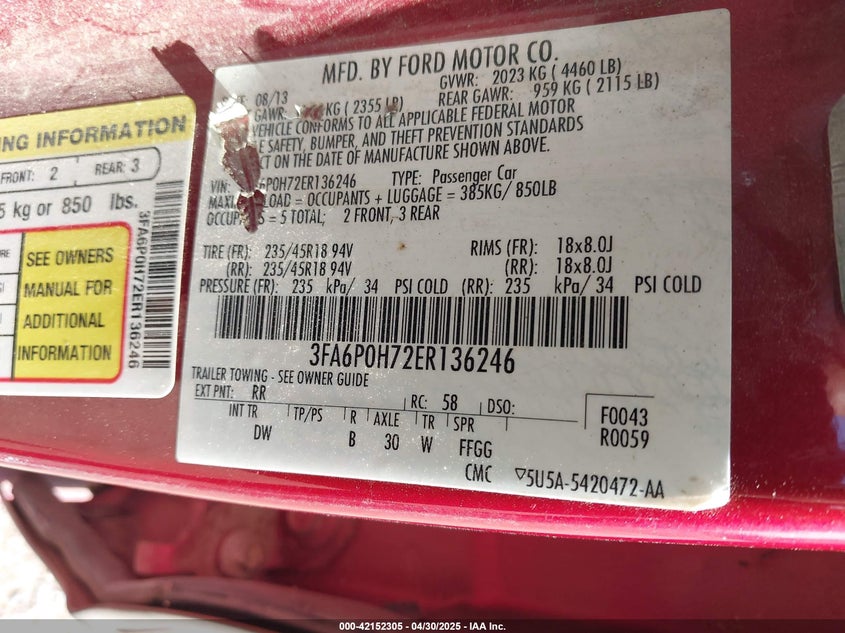 2014 FORD FUSION VIN: 3FA6P0H72ER136246