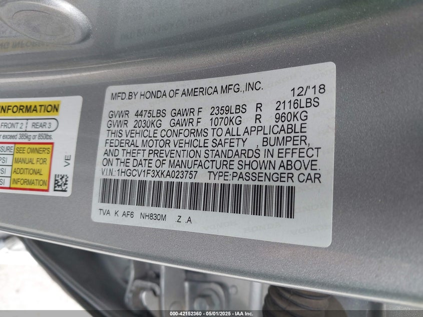 VIN 1HGCV1F3XKA023757 2019 HONDA ACCORD SPORT