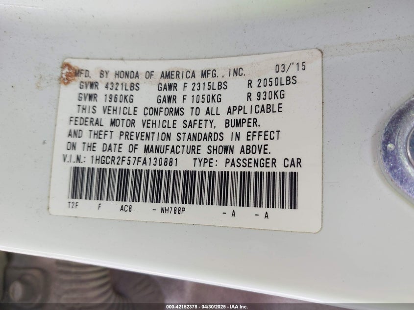 2015 HONDA ACCORD VIN: 1HGCR2F57FA130881