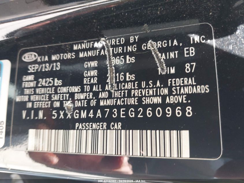 2014 Kia Optima Lx VIN: 5XXGM4A73EG260968 Lot: 42152383