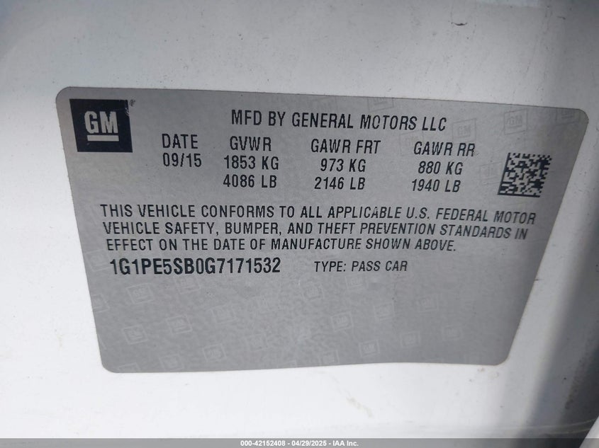 2016 CHEVROLET CRUZE LIMITED VIN: 1G1PE5SB0G7171532