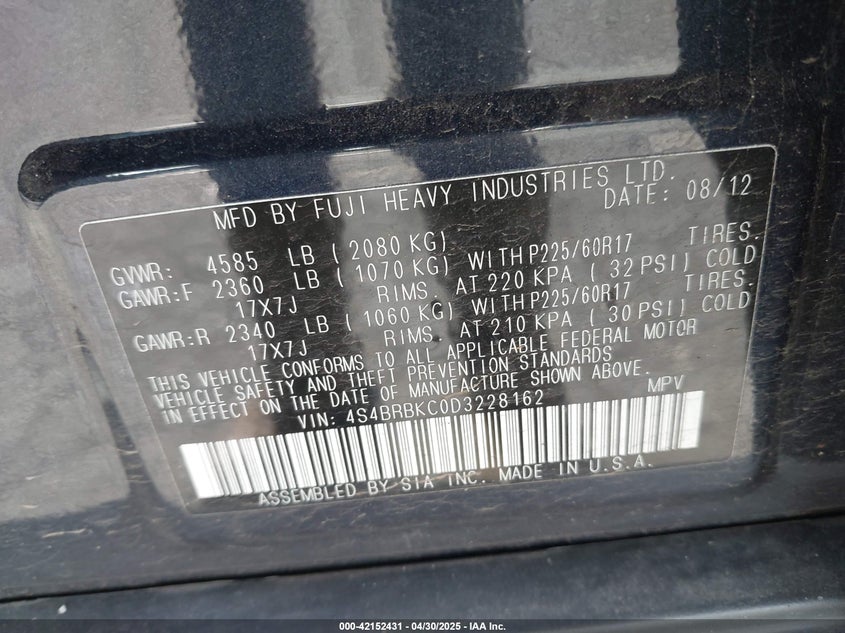 2013 SUBARU OUTBACK VIN: 4S4BRBKC0D3228162