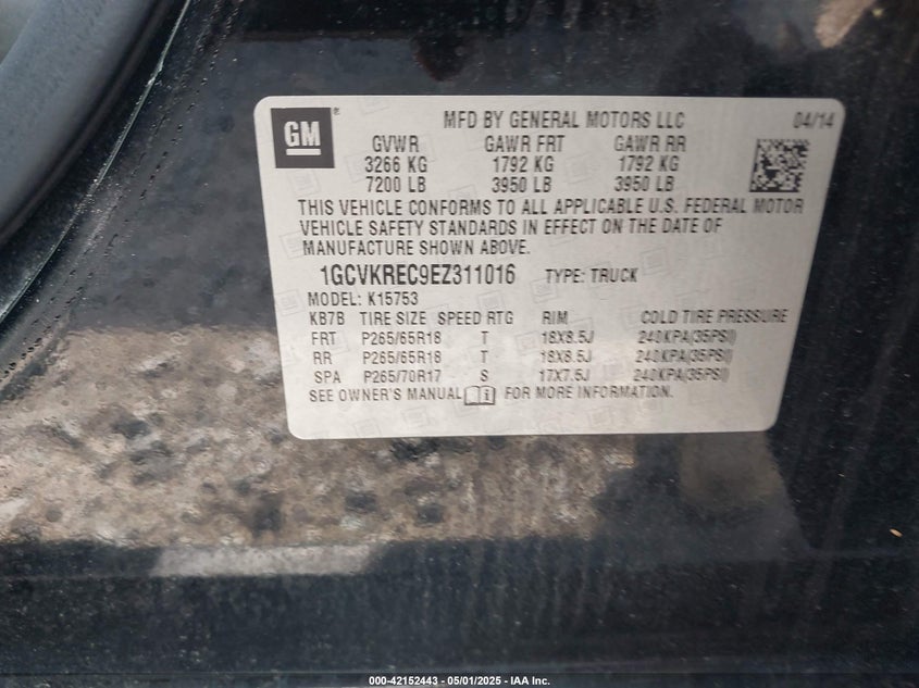 2014 CHEVROLET SILVERADO 1500 VIN: 1GCVKREC9EZ311016