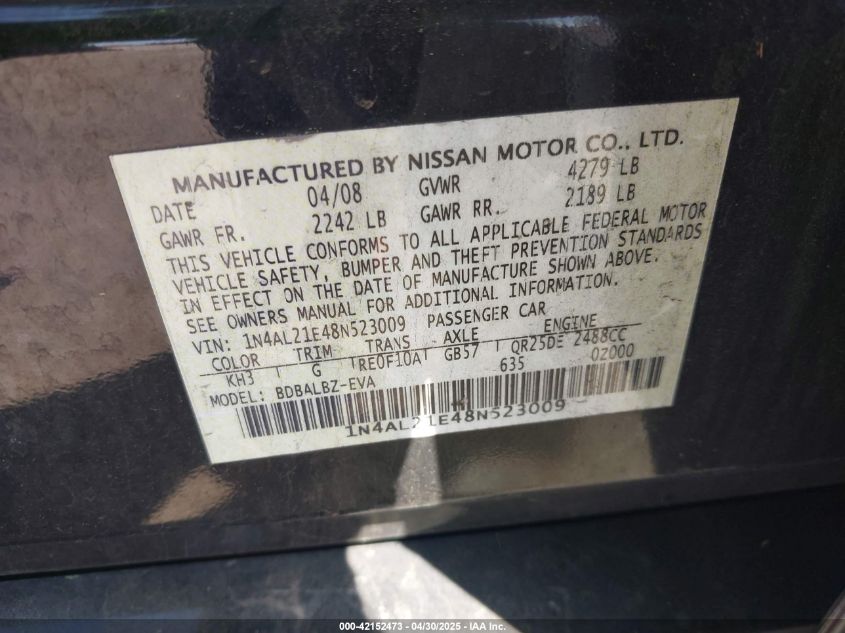 2008 Nissan Altima 2.5 S VIN: 1N4AL21E48N523009 Lot: 42152473