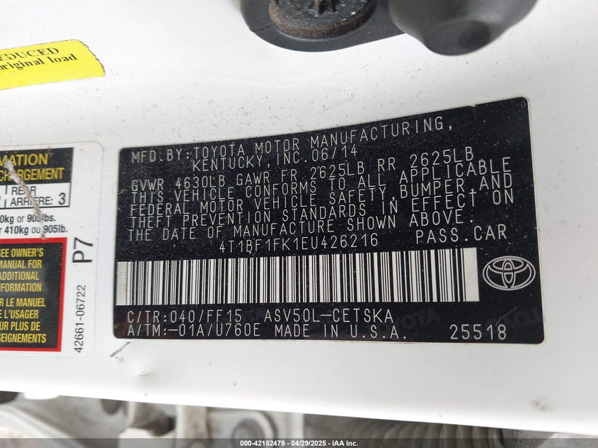 2014 TOYOTA CAMRY VIN: 4T1BF1FK1EU426216