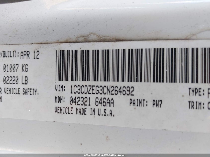 2012 DODGE AVENGER VIN: 1C3CDZEG3CN264692