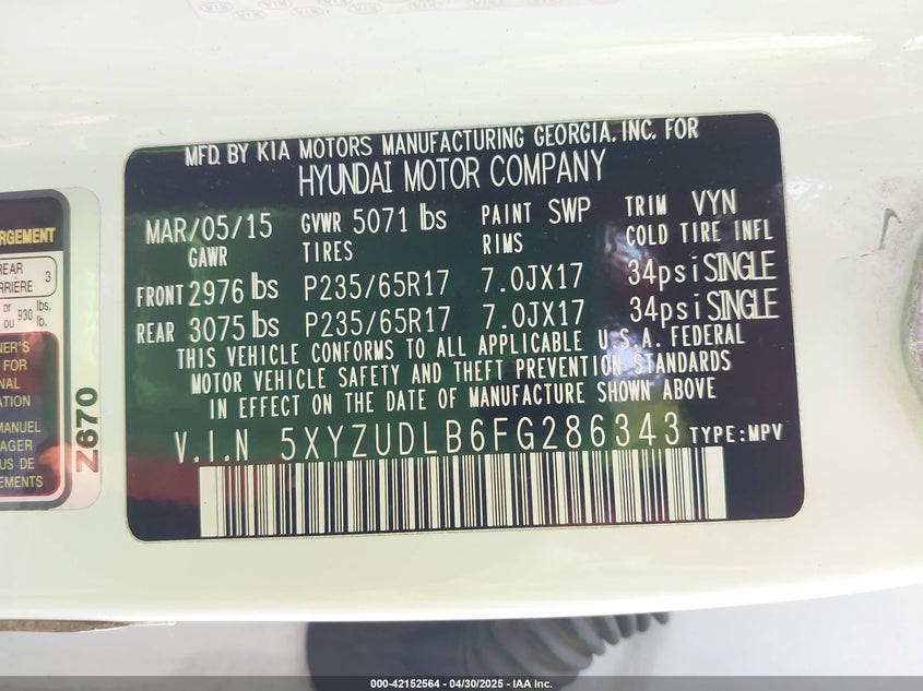 2015 HYUNDAI SANTA FE SPORT VIN: 5XYZUDLB6FG286343