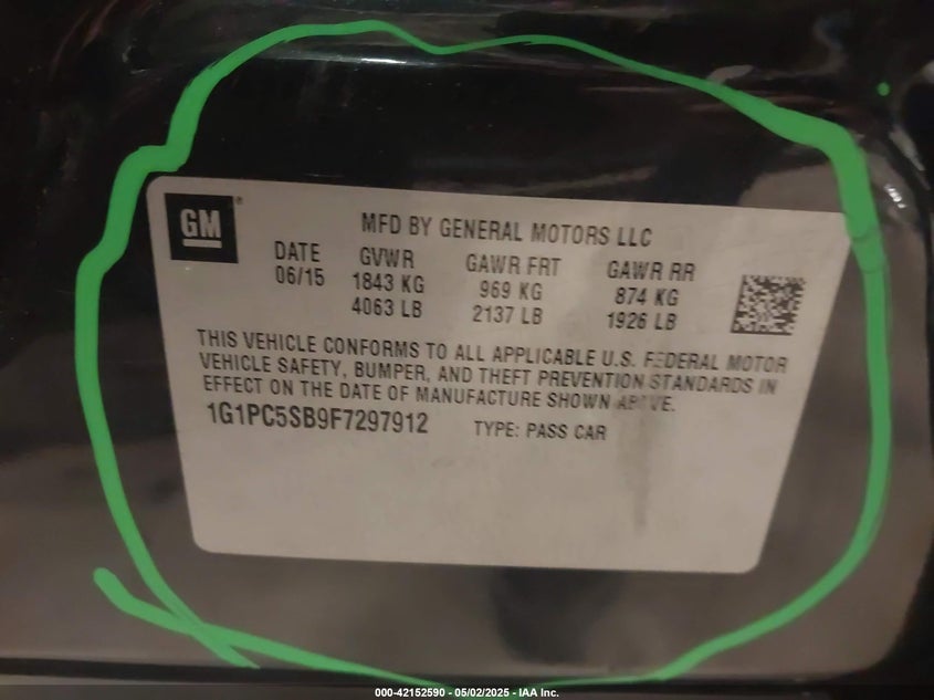 2015 CHEVROLET CRUZE VIN: 1G1PC5SB9F7297912