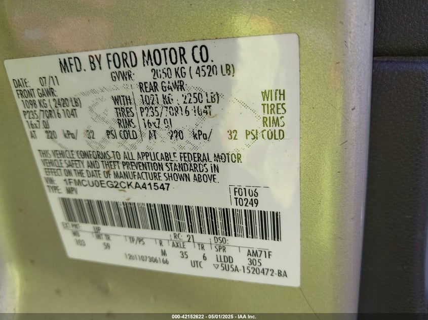 2012 FORD ESCAPE VIN: 1FMCU0EG2CKA41547